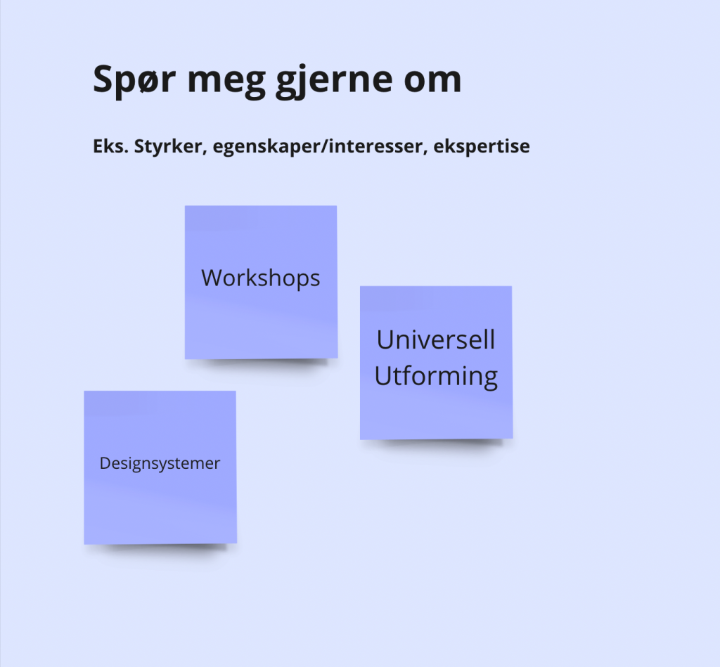 Eksempler på post-it lapper for "Spør meg gjerne om". På lappene står det Workshop, Universell Utforming og Designsystemer.